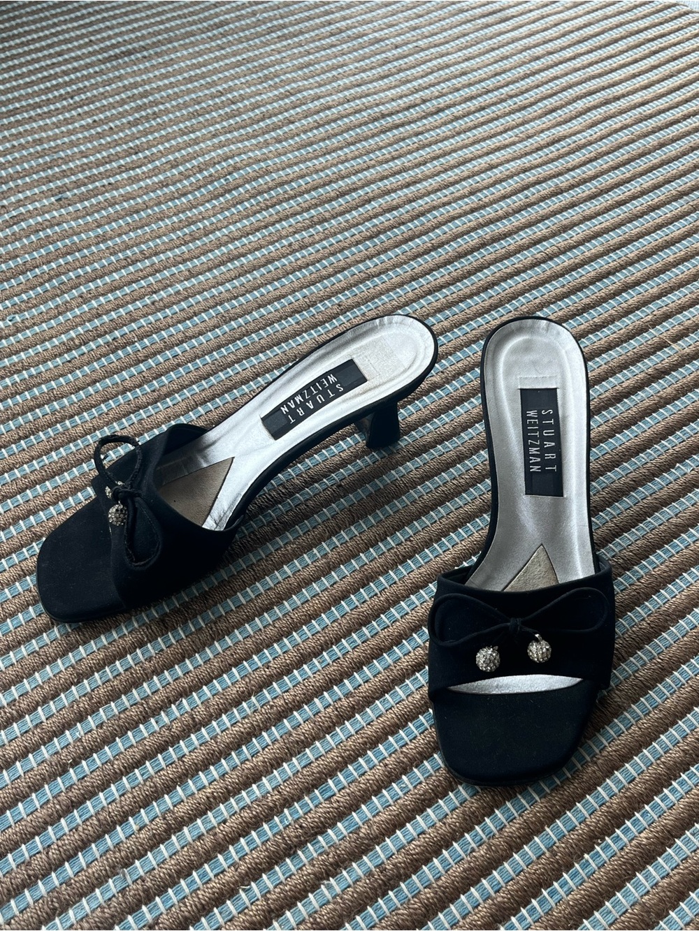 Stuart Weitzman Black Bow Slide Mules with Crystal Drops